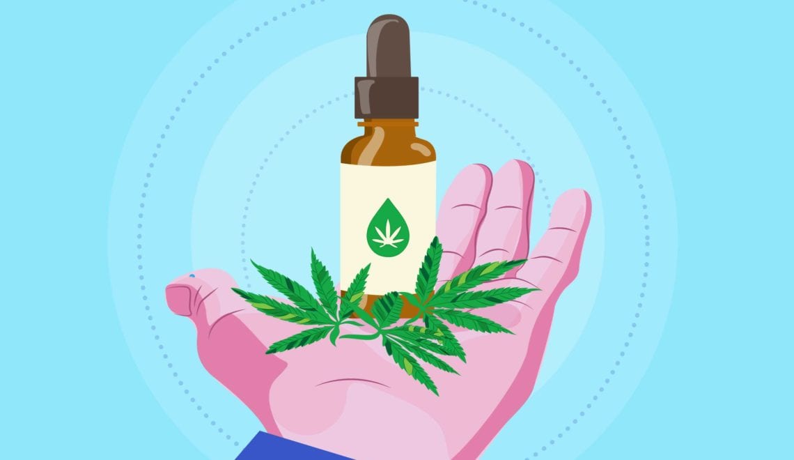 Cartoon shows a hand holding cannabis leaves and CBD oil