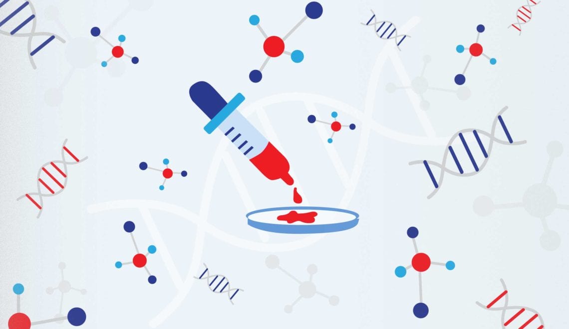 Cartoon shows a blood sample surrounded by DNA helixes