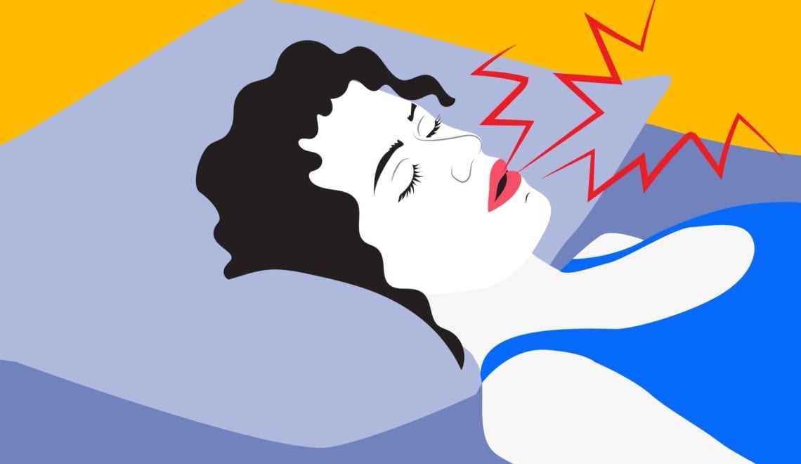 Cartoon shows a woman sleeping. There are red sound waves coming out of her mouth