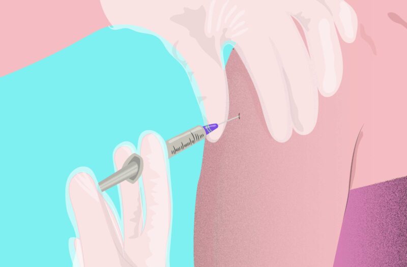 Cartoon shows a person receiving a vaccine