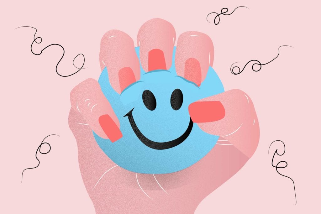 Cartoon shows a hand squeezing a stress ball with a happy face on it