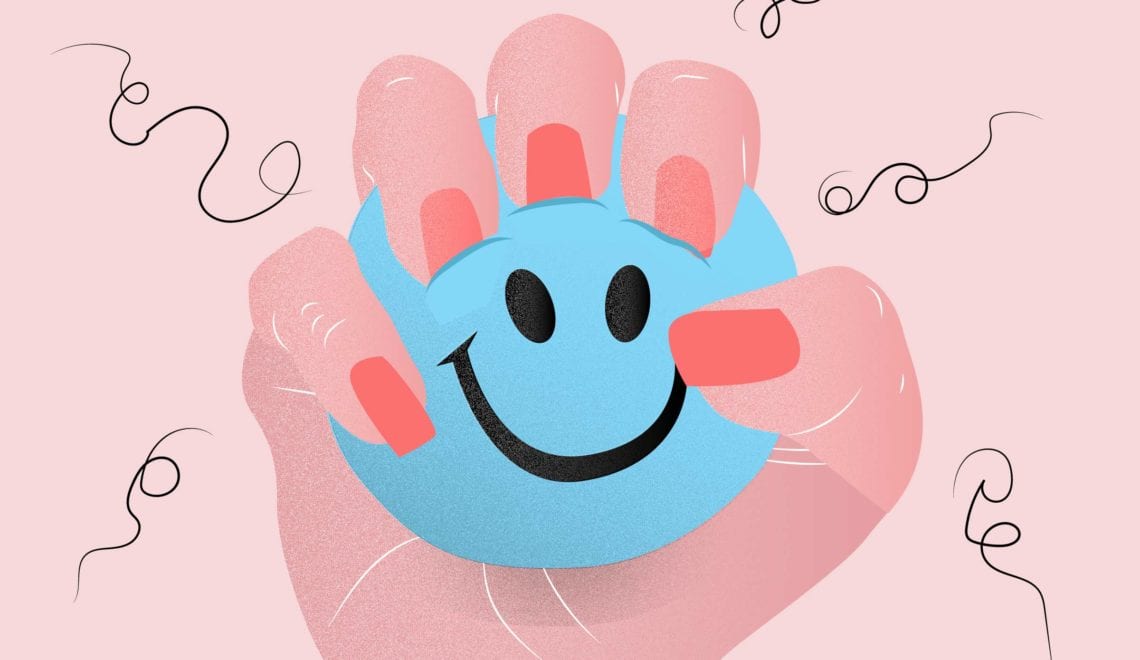 Cartoon shows a hand squeezing a stress ball with a happy face on it