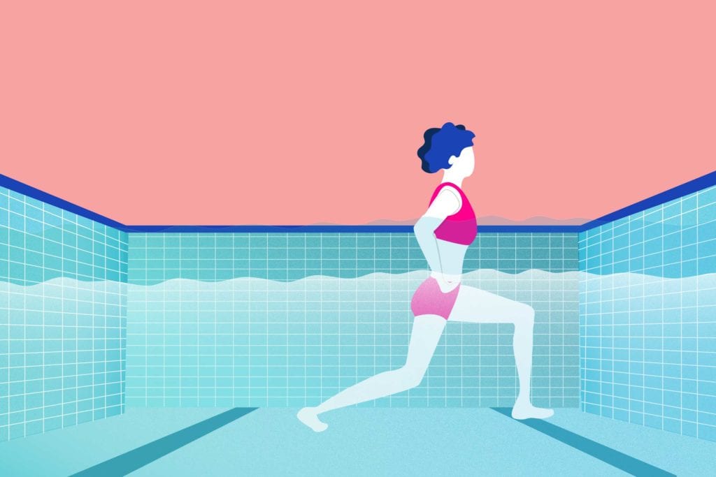 Cartoon shows a woman doing a forward lunge stretch inside a pool