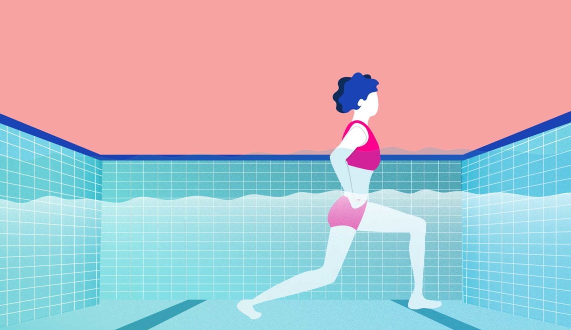 Cartoon shows a woman doing a forward lunge stretch inside a pool