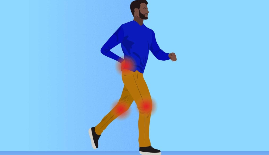 cartoon shows a man running. he has red spots on his hips and knees indicating joint pain