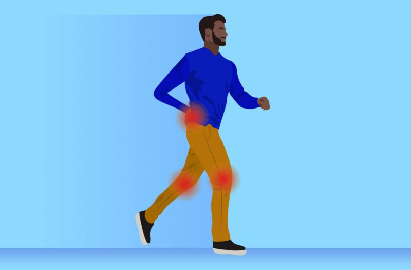 cartoon shows a man running. he has red spots on his hips and knees indicating joint pain