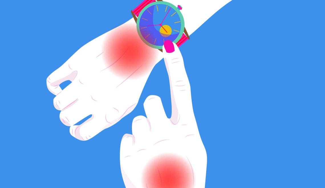 Cartoon shows a person pointing to her watch. Her wrists have red spots indicating joint pain