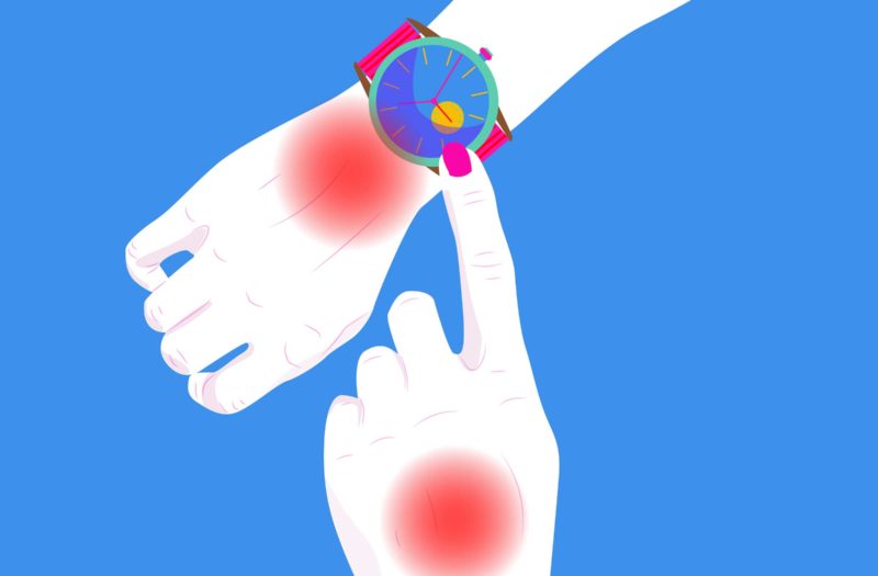 Cartoon shows a person pointing to her watch. Her wrists have red spots indicating joint pain