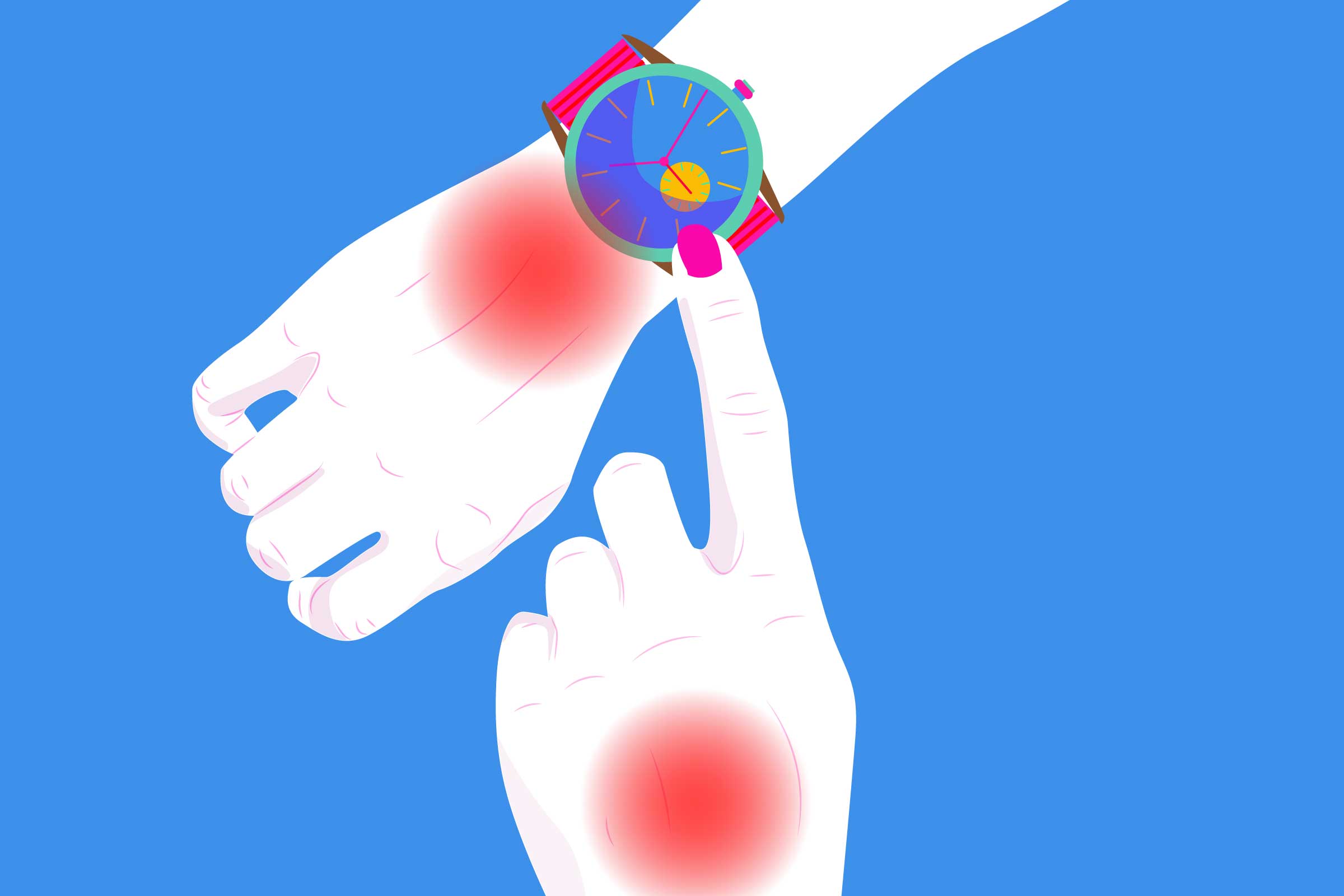 Cartoon shows a person pointing to her watch. Her wrists have red spots indicating joint pain