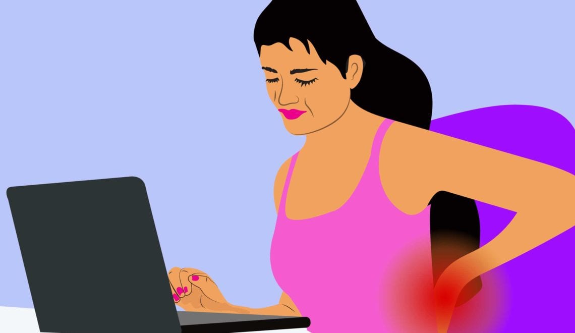 Cartoon shows a woman working at a computer. She is holding her lower back, which has a red spot indicating pain