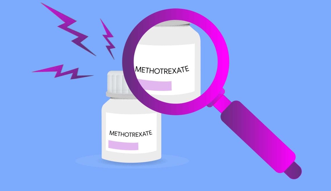 Cartoon shows a bottle of Methotrexate under a magnifying glass