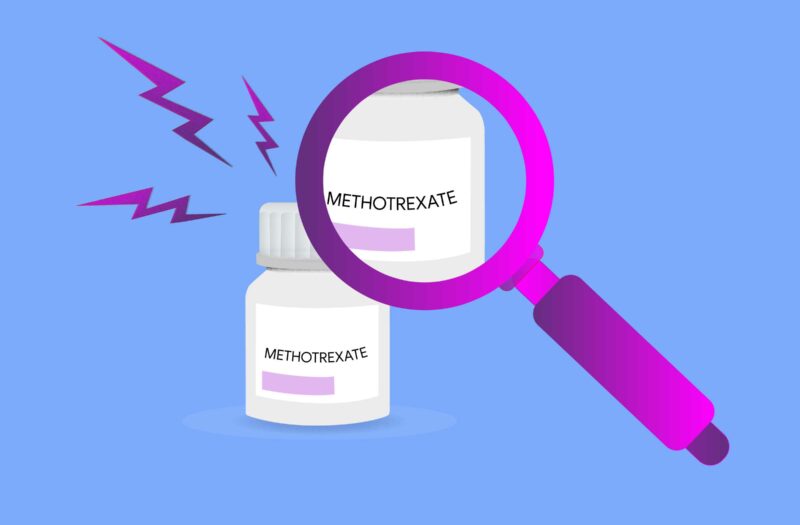 Cartoon shows a bottle of Methotrexate under a magnifying glass