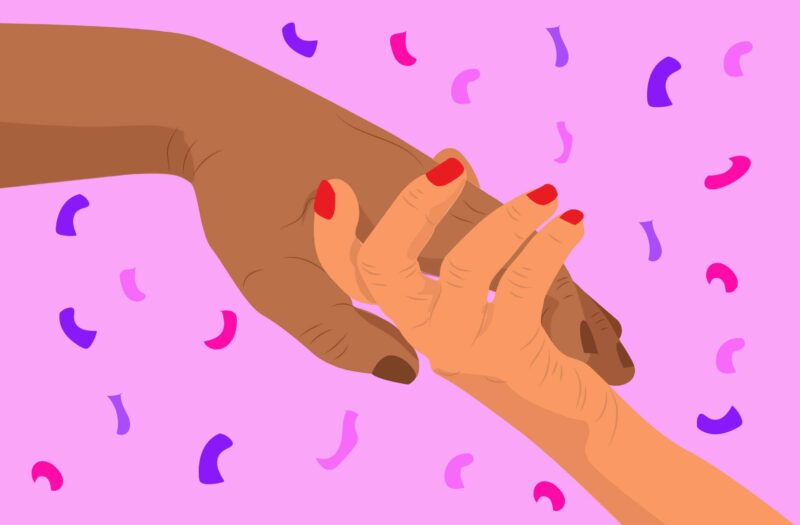 Cartoon shows two hands interlocked in front of a pink background