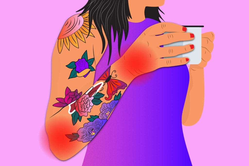 cartoon shows a woman with tattoos holding a mug. She has red spots on her wrists and elbows indicating joint pain