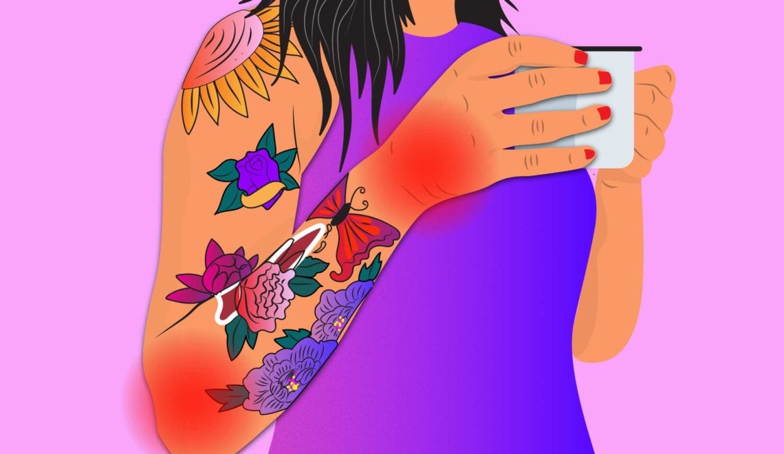 cartoon shows a woman with tattoos holding a mug. She has red spots on her wrists and elbows indicating joint pain