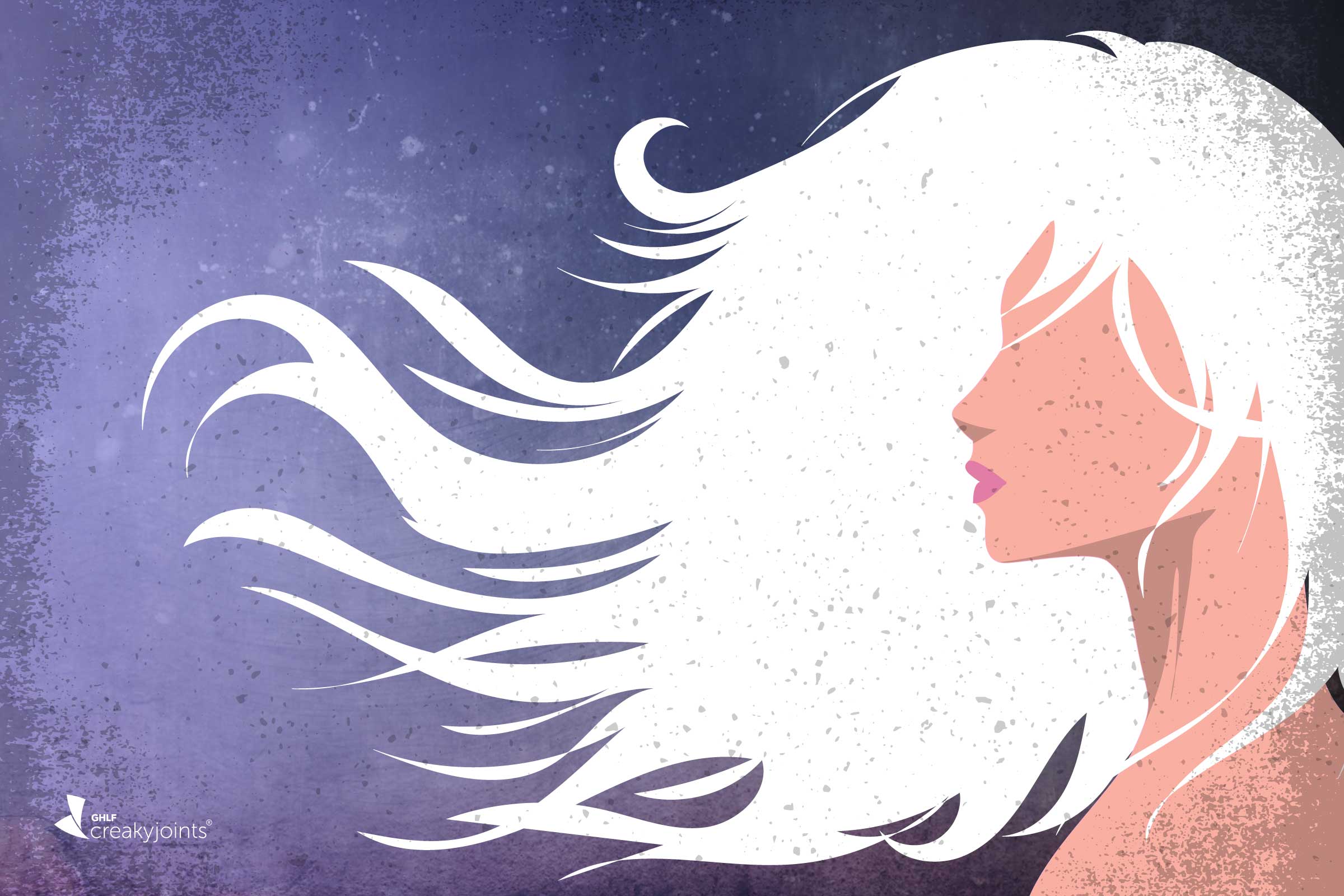 artwork shows the outline of a woman in front of a purple background. She has thick, long white hair blowing in the wind and there are speckles on the image