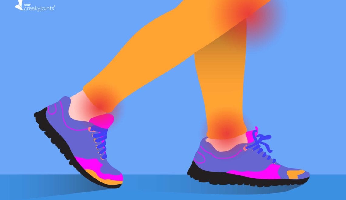 Image shows legs wearing sneakers while walking. The knees and ankles have red spots indicating joint pain