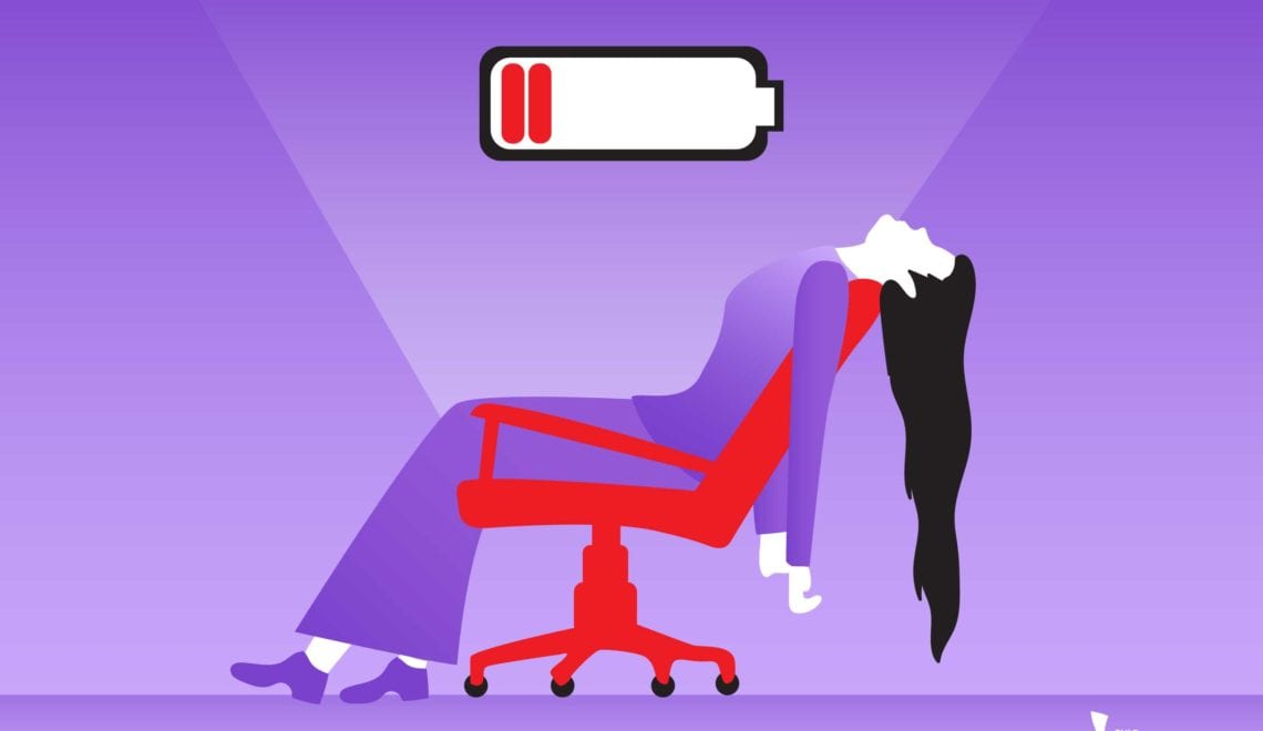 image shows an exhausted woman reclining in an office chair. There is a low-battery icon above her head