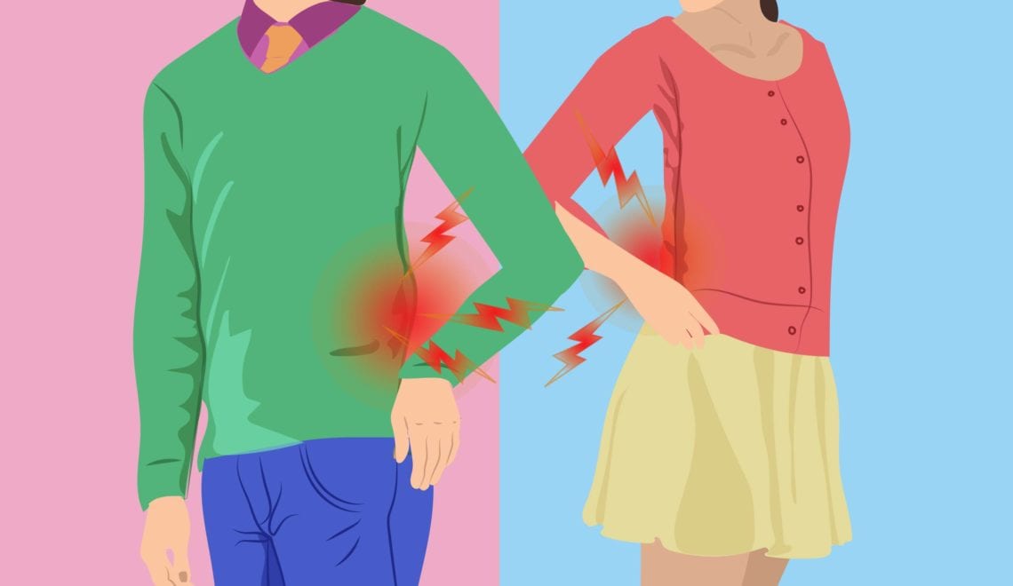 cartoon shows a man and an woman experiencing pain in the lower back