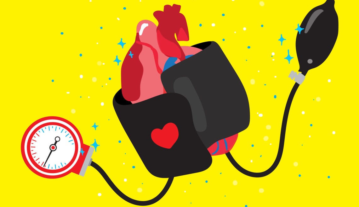 cartoon shows a blood pressure monitor wrapped around the human heart