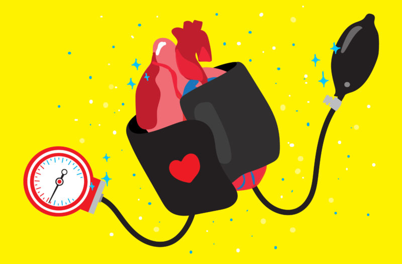 cartoon shows a blood pressure monitor wrapped around the human heart