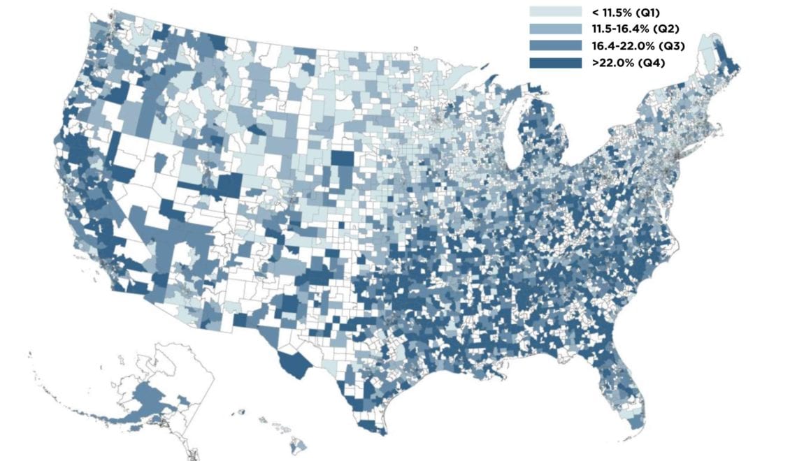 Map shows the proportion of long-term opiod users by county across the country