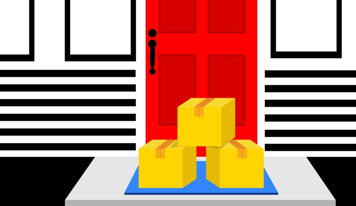 cartoon shows boxes delivered on a doorstep