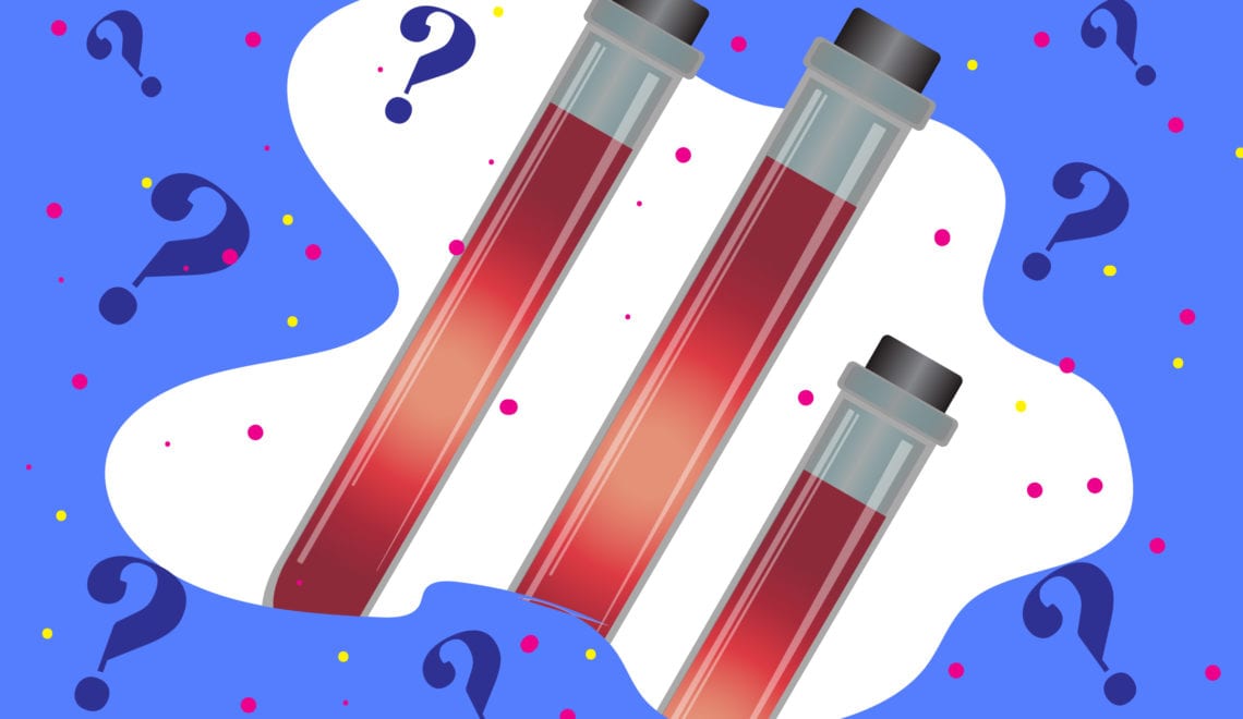 Cartoon shows vials of blood surrounded by question marks