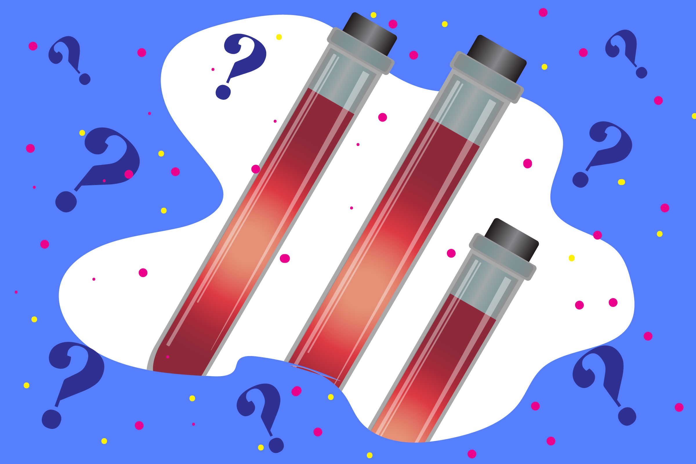 Cartoon shows vials of blood surrounded by question marks