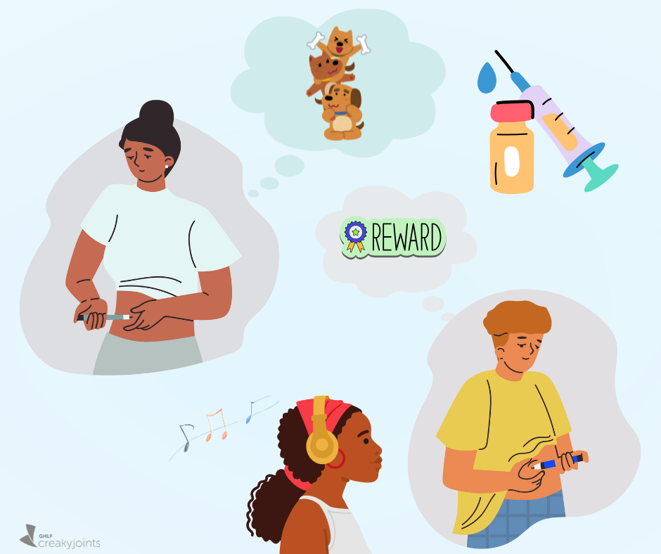 Illustration showing two people giving themselves subcutaneous injections. On the left, a woman injects medicine into her abdomen while imagining a happy thought of playful puppies and a “reward” badge. On the right, a man injects himself while also picturing a reward. Below, a young girl listens to music through bright headphones, symbolizing using music or positive distractions during injections. In the upper right corner, there’s a syringe and medication vial. The overall theme highlights ways to stay calm, positive, and motivated when taking injectable medications.