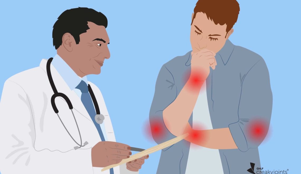 An illustration of a man with arthritis, as evident by red pain spots, talking to his doctor