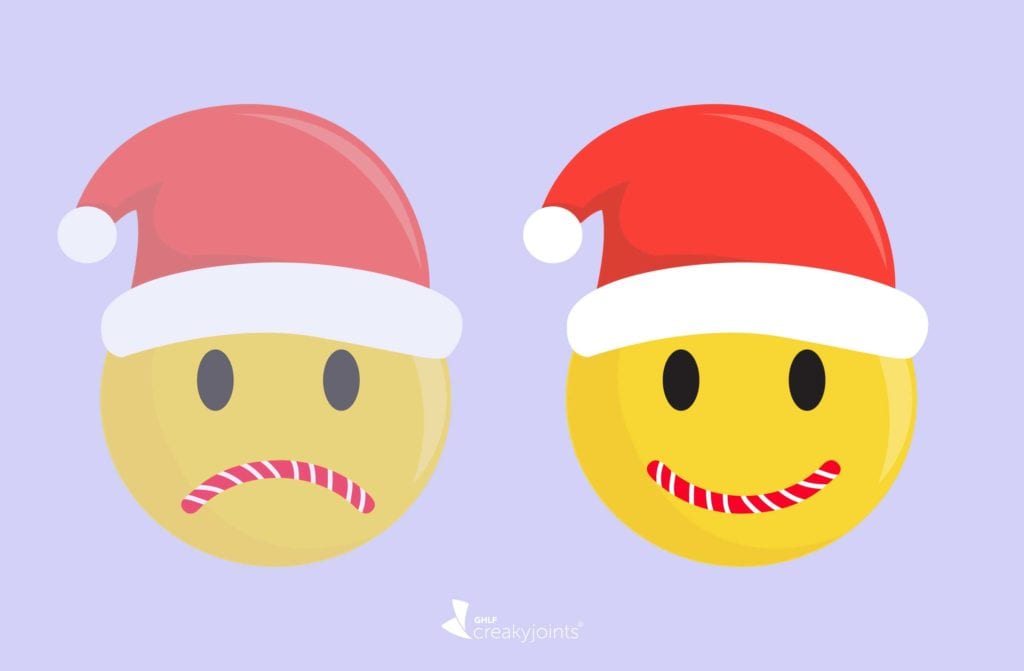 Cartoon shows two emojis. The one on the left is wearing a Santa hat and has a candy-cane mouth shaped into a frown, but the image is faded. the one on the right is bright, wearing a Santa hat and its candy-cane mouth is smiling