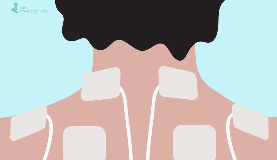 cartoon of TENs patches attached to shoulders and neck