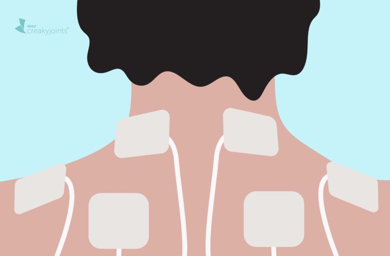 cartoon of TENs patches attached to shoulders and neck