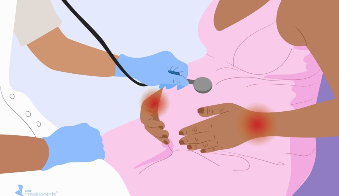 Illustration of a doctor holding a stethoscope to a pregnant woman's belly. The woman has rheumatoid arthritis, as evident by red pain spots on her wrist.