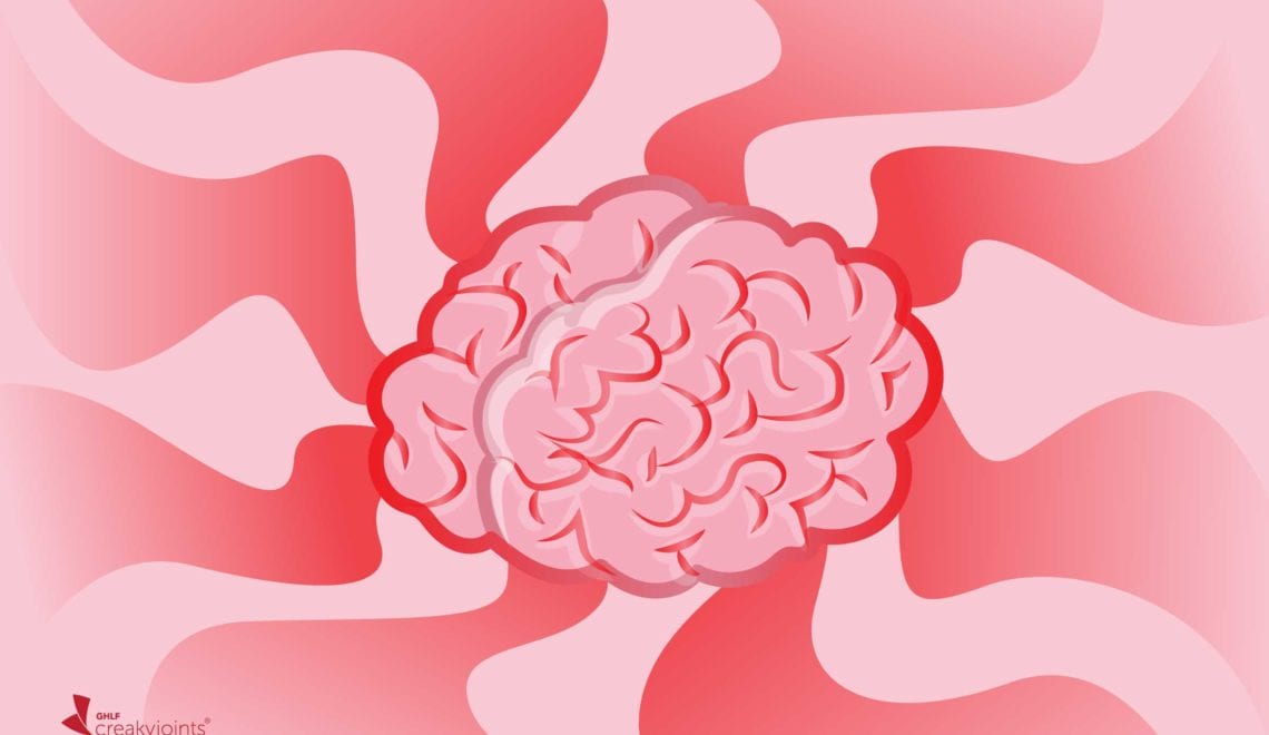 cartoon shows a human brain in front of a hazy pink and red background