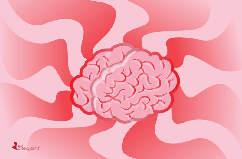 cartoon shows a human brain in front of a hazy pink and red background