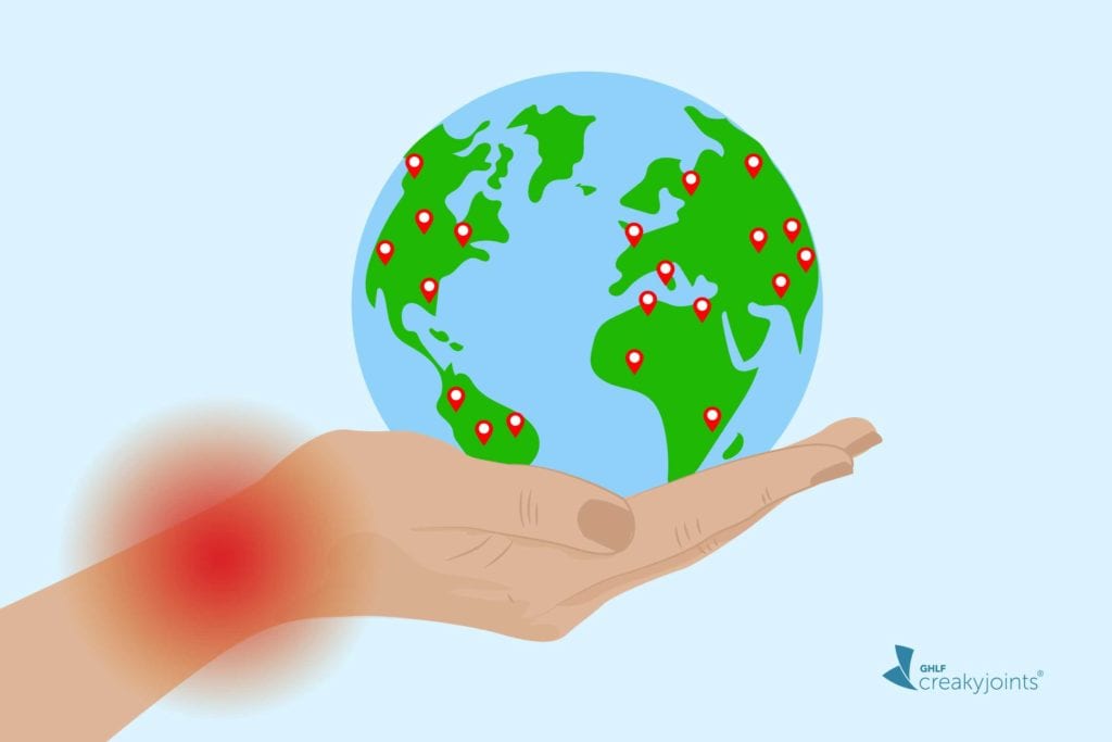 Image shows cartoon hand with joint pain holding the globe