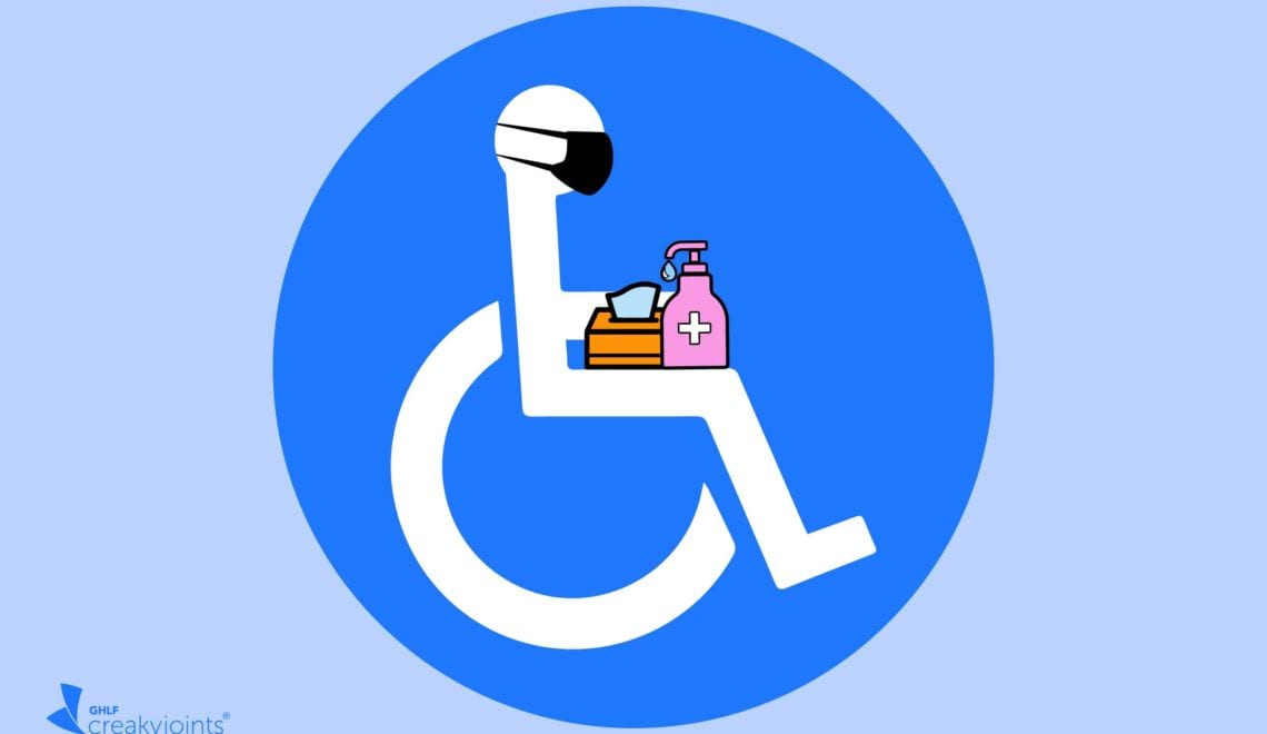 Image shows the handicapped icon wearing a face mask and holding tissues and hand sanitizer