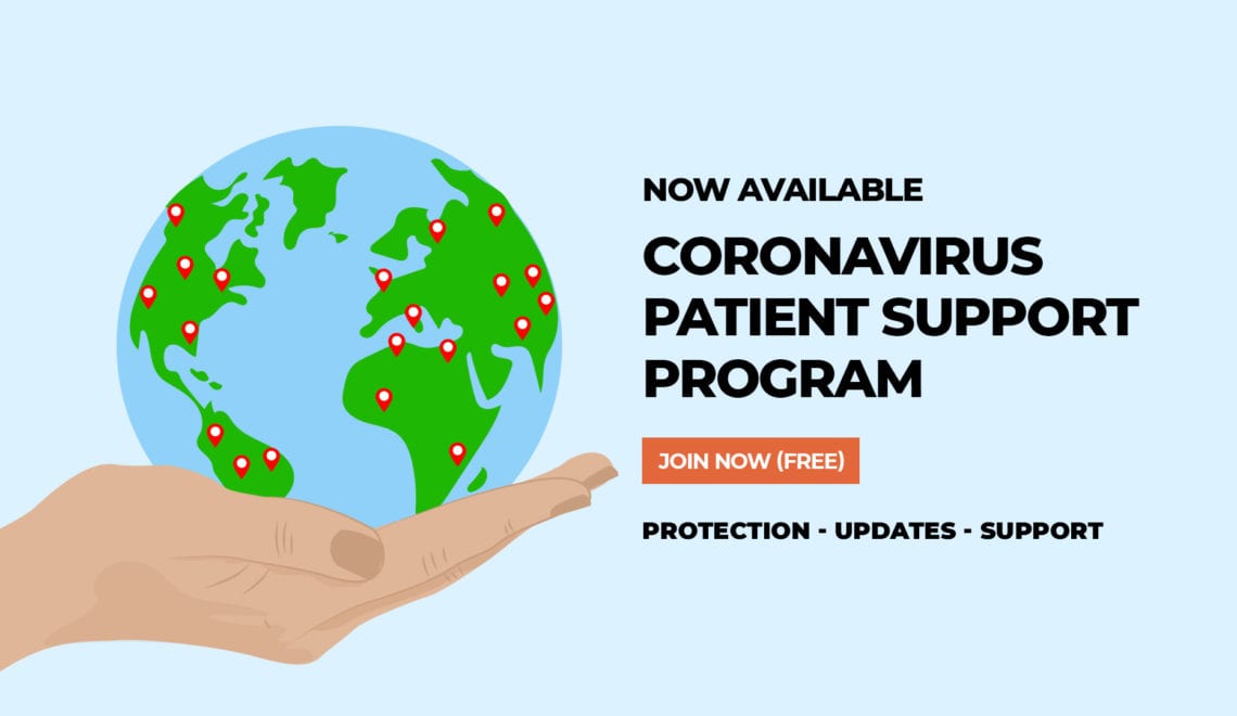 Image reads: Now available Coronavirus Patient Support Program Join now (free) Protection- updates- support