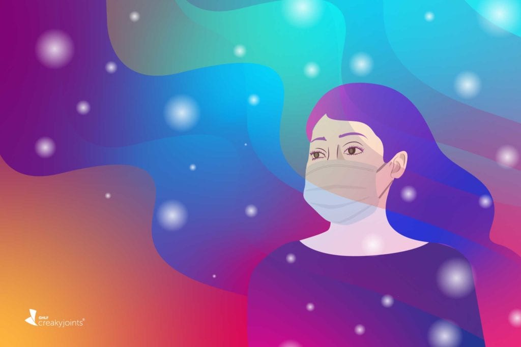 Cartoon shows a woman in a face mask. She looks concerned and is in a haze of colors