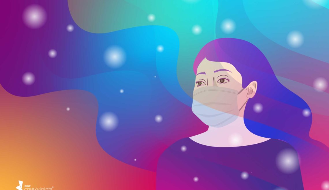 Cartoon shows a woman in a face mask. She looks concerned and is in a haze of colors