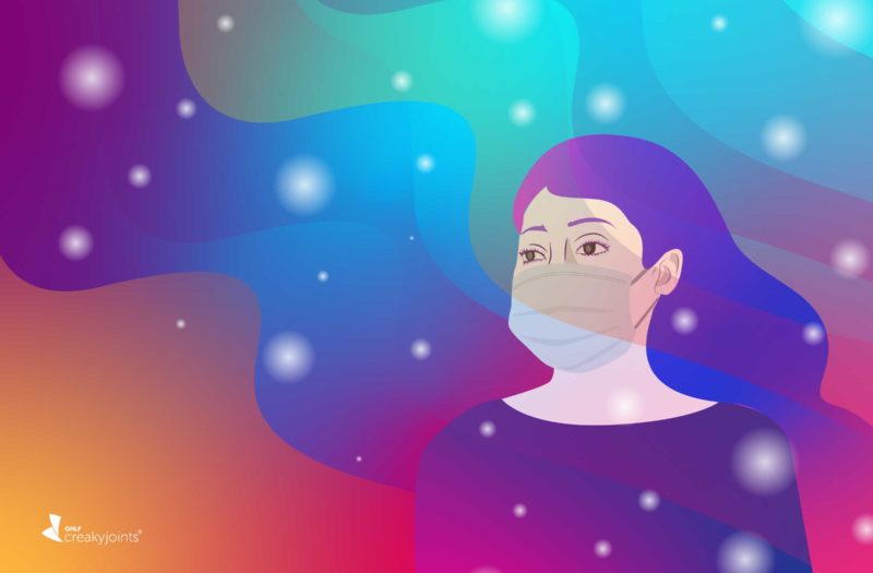 Cartoon shows a woman in a face mask. She looks concerned and is in a haze of colors