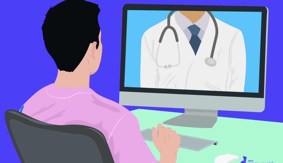 Cartoon shows man using computer for telehealth appointment