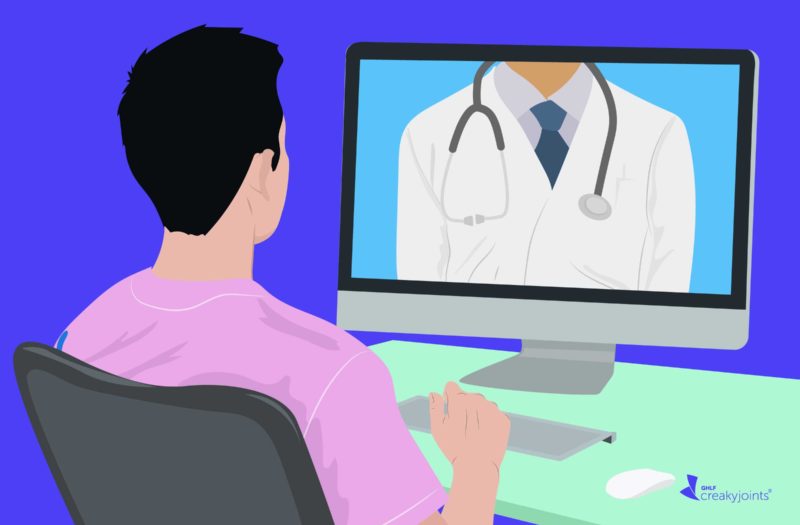 Cartoon shows man using computer for telehealth appointment