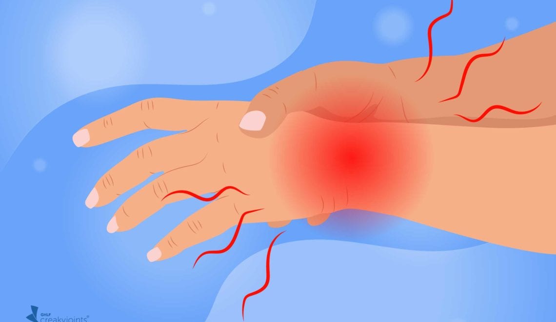 An illustration of human hands with red, painful wrists