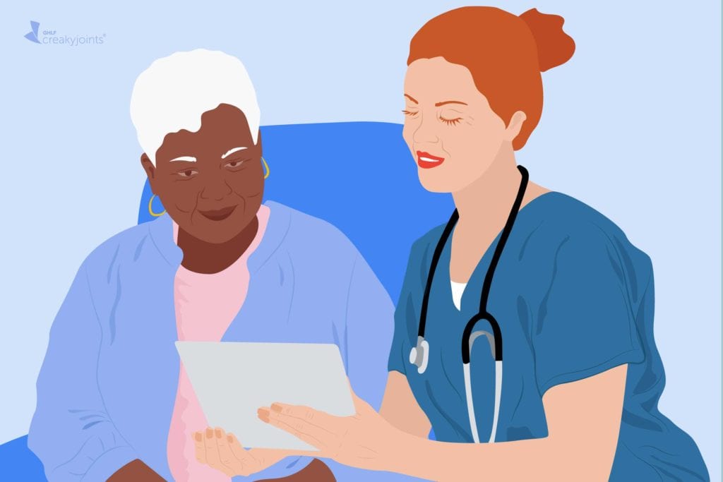 Cartoon shows a nurse showing a patient an iPad. They are both smiling