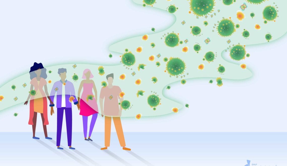 Cartoon image of four people standing close to each other without face masks. They are all engulfed in a cloud of germs and coronavirus