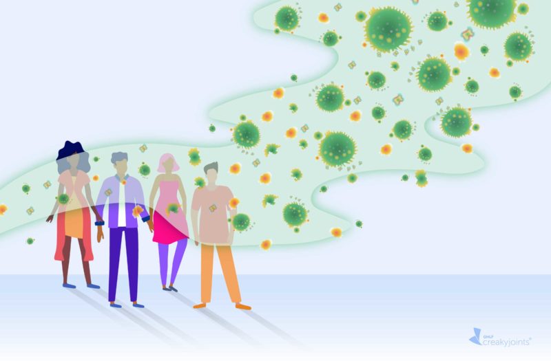 Cartoon image of four people standing close to each other without face masks. They are all engulfed in a cloud of germs and coronavirus