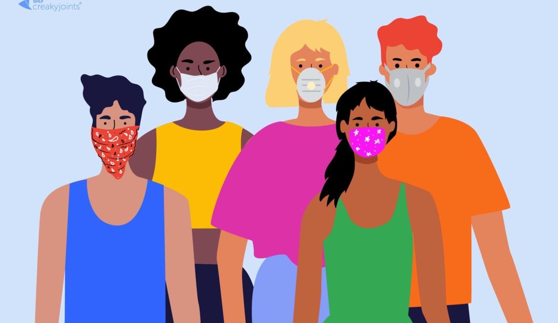 Cartoon image of a diverse group of people wearing different styles of face coverings